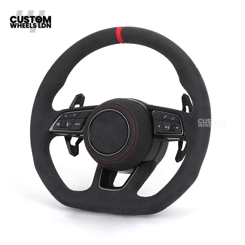 Audi Custom B9 Flat Bottom Steering Wheel – Alcantara Grip, Red Stitching, Red Centre Stripe, Black Paddles, RS3 Badge | Fits A3, S3, RS3, A4, S4, A5, S5, Q5, SQ5 + more | Plug & Play | With Airbag | Upgrade for Older Models Available