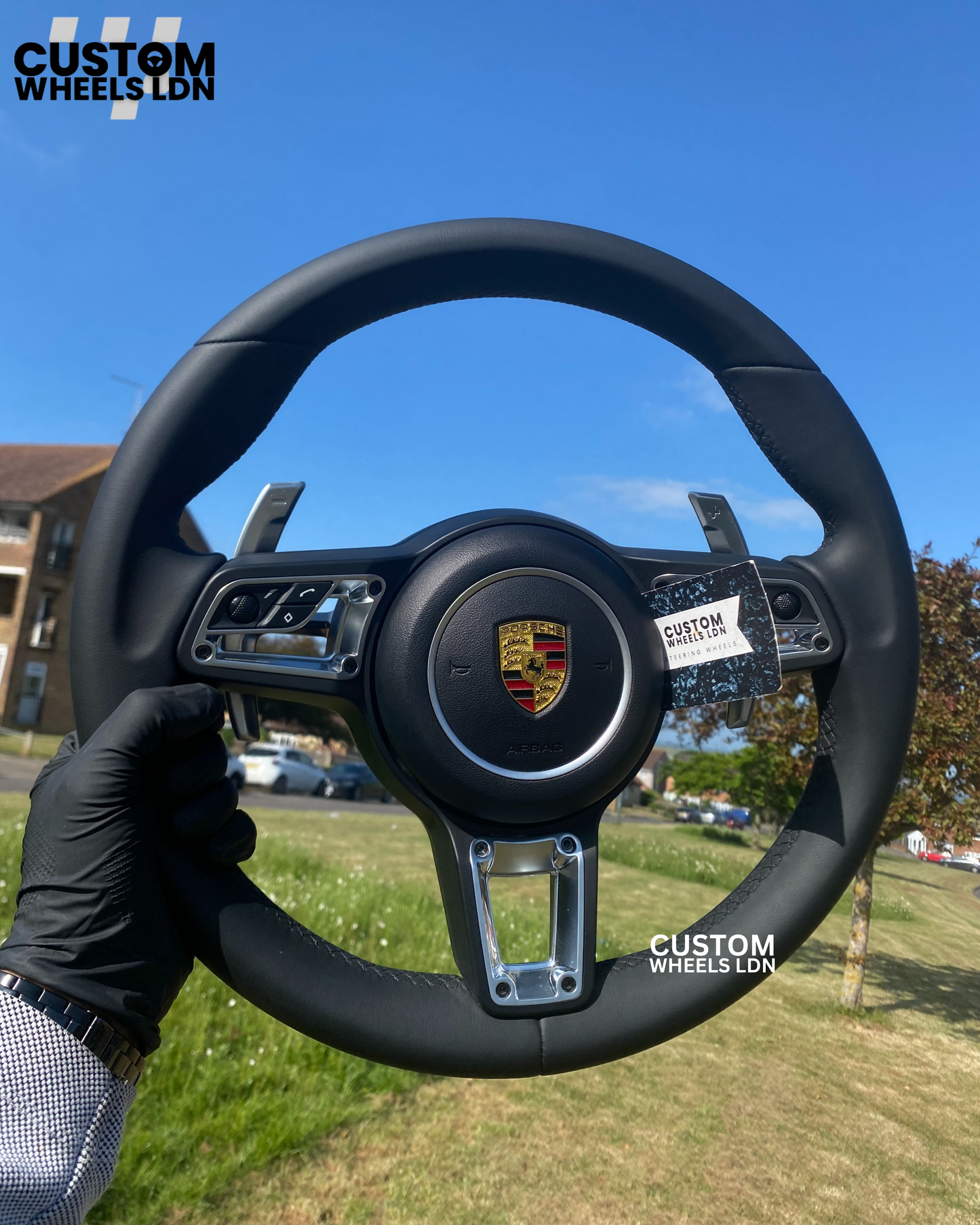 Porsche Custom Steering Wheel – Black Smooth Leather with Chrome Trim | Fits 991, 997, 981, Panamera, Cayenne + more (2000+ Plug & Play | PDK/Tiptronic)