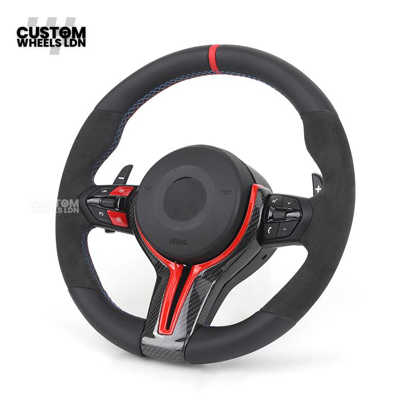 BMW Custom Flat Bottom Steering Wheel – Smooth Leather & Alcantara with Red Trim & Stripe | Fits F20 F22 F30 F32 F36 F10 F06 F13 X1 X3 X4 X5 X6 + More