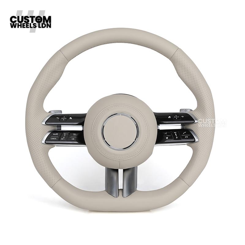 Mercedes Custom W223 Flat Bottom Steering Wheel – Beige Leather, Gloss Black Trim, Touch Control Buttons | Fits S-Class W223, GLE, GLS, E-Class W213 Facelift + more | Plug & Play | With Airbag | Retrofit Upgrade for Older Models Available