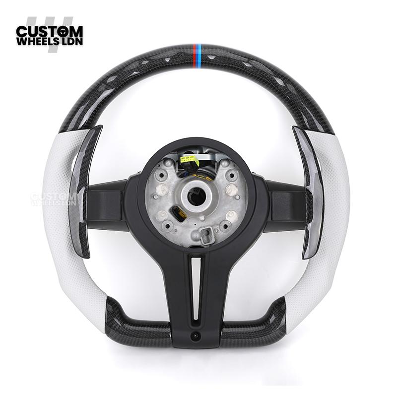 BMW Custom Carbon Fibre Steering Wheel – White Perforated Leather | M-Stripe Marker | Plug & Play | Fits older models
