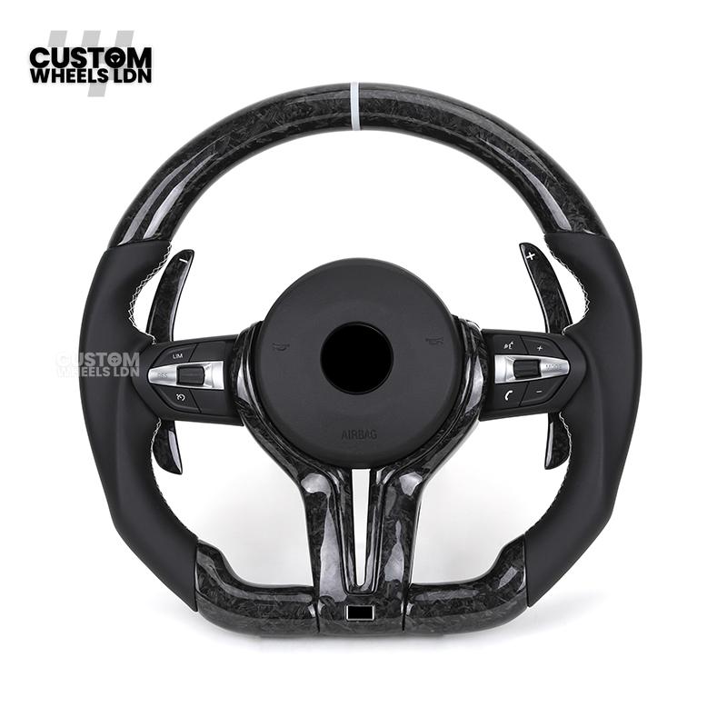 BMW Custom Forged Carbon Steering Wheel with Perforated Leather & White Racing Stripe | Plug & Play | Complete Wheel | Fits F20 F21 F22 F23 F30 F31 F32 F33 F36 F80 F87 E82 E88 E90 E92 E93 + More