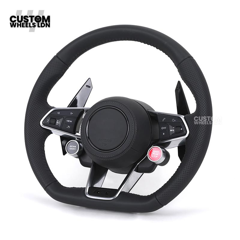 Audi Custom R8-Style Flat Bottom Steering Wheel – Black Leather, Gloss Black Paddles, Start Button, Retrofit Wiring Kit Included | Fits A4, A5, S5, A6, A7, Q5, SQ5 + more | Plug & Play | With Airbag | Upgrade for Older Models Available
