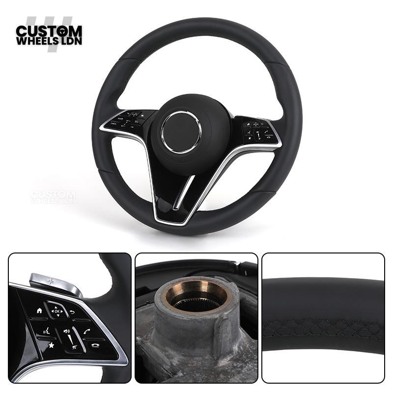 Mercedes Custom W223 Flat Bottom Steering Wheel – Smooth Black Leather, Gloss Black Trim, Touch Control Buttons | Fits S-Class W223, GLE, GLS, E-Class W213 Facelift + more | Plug & Play | With Airbag | Retrofit Upgrade for Older Models Available