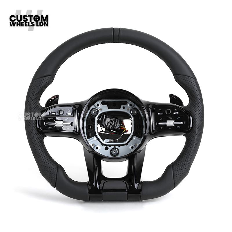 Mercedes Custom AMG Flat Bottom Steering Wheel – Black Leather, Smooth Top & Bottom, Piano Black Trim, Touch Control Buttons, AMG Badge | Fits C-Class, E-Class, CLS, GLC, GLE, G-Class + more | Plug & Play | Retrofit Upgrade for Older Models