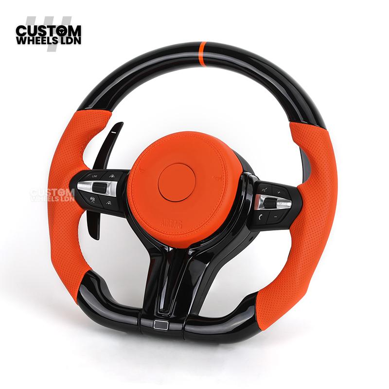 BMW Custom F-Series Piano Black & Orange Steering Wheel – Perforated Grip | Fits F20 F22 F30 F32 F36 M2 M3 M4 + more