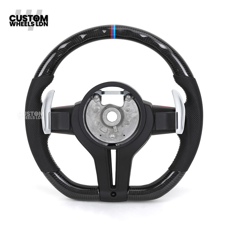 BMW Custom Carbon Fibre Steering Wheel – Red Trim | Perforated Leather | M Stripe | Plug & Play | Fits 1 Series F20, 2 Series F22, 3 Series F30, 4 Series F32, M2, M3, M4, X1 F48, X2 F39, Z4 G29 + more