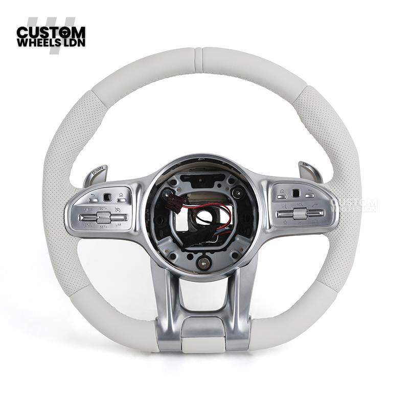 Mercedes Custom AMG Flat Bottom Steering Wheel – White Leather, Perforated Sides, Silver AMG Trim, Touch Buttons & Silver Paddles | Fits W205 C-Class, W213 E-Class, GLC, GLE, CLS + more | Plug & Play | Airbag | Retrofit Upgrade for Older Model Available