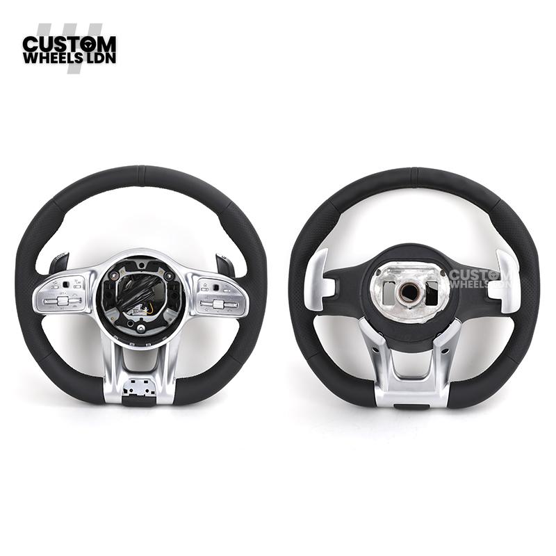 Mercedes Custom AMG Flat Bottom Steering Wheel – Full Black Leather, Black Stripe, Silver Trim, Touch Control Buttons, Silver Paddles, AMG Badge | Fits C-Class, E-Class, CLS, GLC, GLE, G-Class + more | Plug & Play | Retrofit Upgrade for Older Models