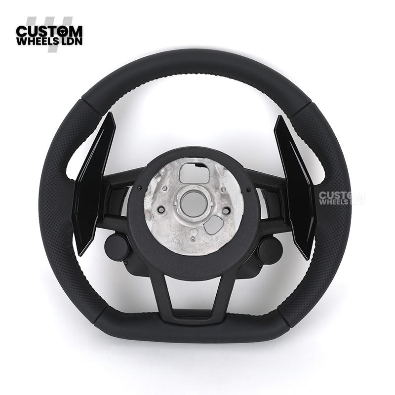 Audi Custom R8-Style Flat Bottom Steering Wheel – Black Leather, Black Stitching, Gloss Black Paddles, Start Button | Fits A4, A5, S5, A6, A7, S6, S7, Q5, SQ5 + more | Plug & Play | With Airbag | Upgrade for Older Models Available