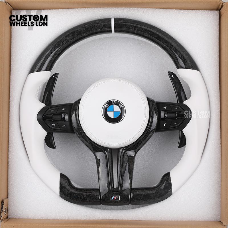 BMW Forged Carbon & White Leather Steering Wheel | Paddle Shifters | M Badge | Flat Bottom | Fits 1 2 3 4 5 Series (F & E Series) + more | Complete Plug & Play