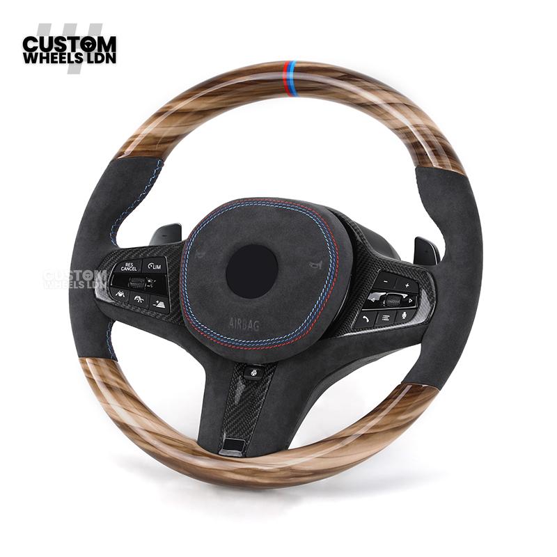 BMW Custom G-Series Steering Wheel – Gloss Wood Carbon, Flat Bottom, Alcantara Airbag – Fits G20 G21 G22 G30 G15 G05 G07 + more
