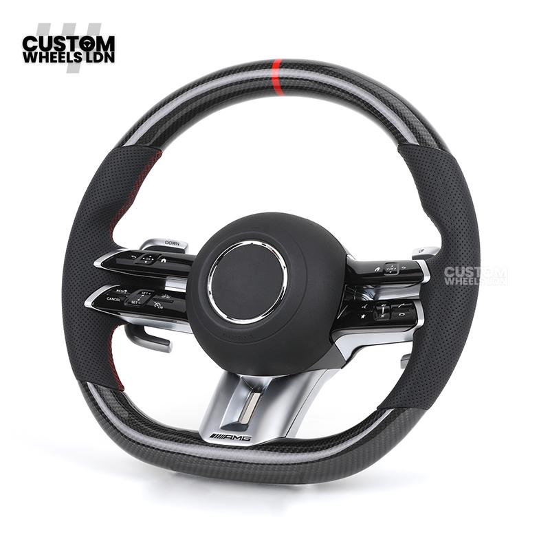Mercedes Custom W223 AMG Flat Bottom Steering Wheel – Carbon Top & Bottom, Red Center Stripe, Perforated Grips, Silver Paddles, Touch Control Buttons | Fits C63, E63, S63, GLE, GLS, W223 + more | Plug & Play | With Airbag | Retrofit Upgrade for Older Mode