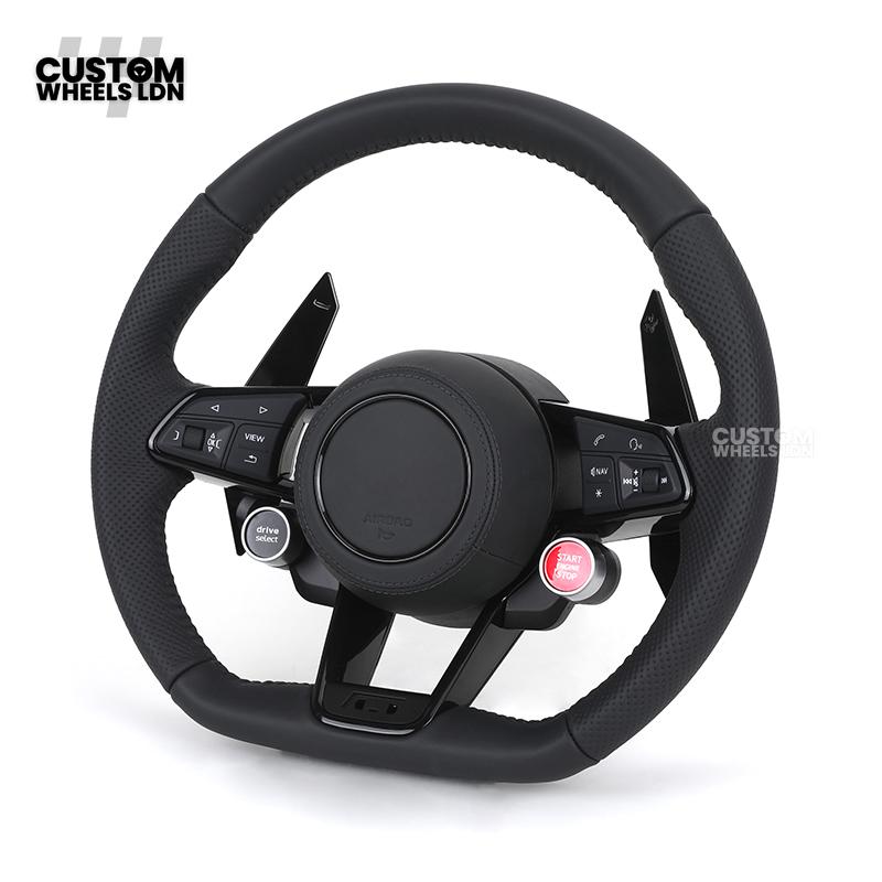 Audi Custom R8-Style Flat Bottom Steering Wheel – Black Leather, Black Stitching, Gloss Black Paddles, Start Button | Fits A4, A5, S5, A6, A7, S6, S7, Q5, SQ5 + more | Plug & Play | With Airbag | Upgrade for Older Models Available