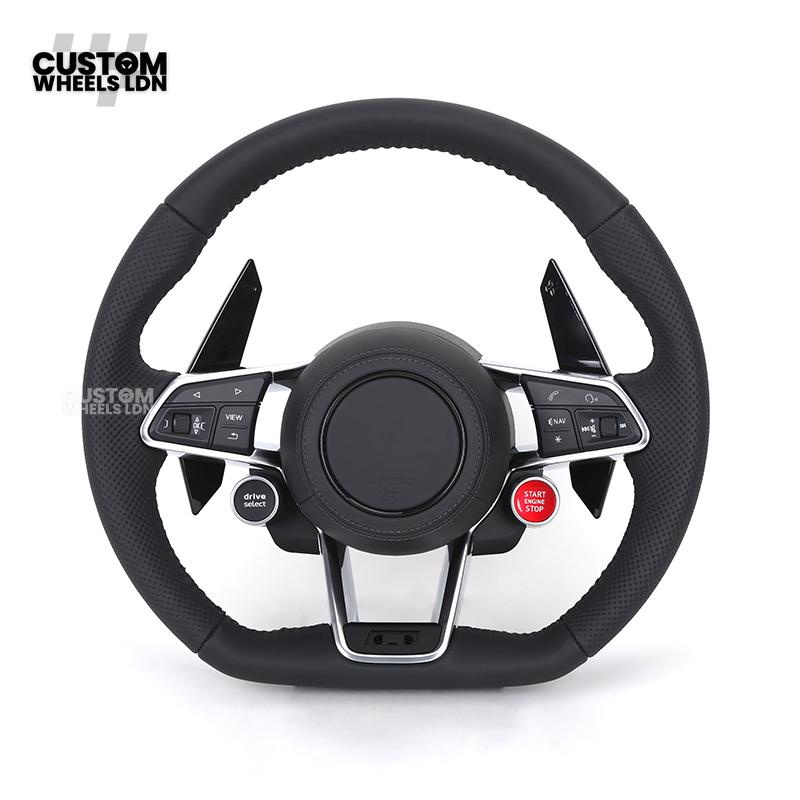 Audi Custom R8-Style Flat Bottom Steering Wheel – Black Leather, Gloss Black Paddles, Start Button, Retrofit Wiring Kit Included | Fits A4, A5, S5, A6, A7, Q5, SQ5 + more | Plug & Play | With Airbag | Upgrade for Older Models Available