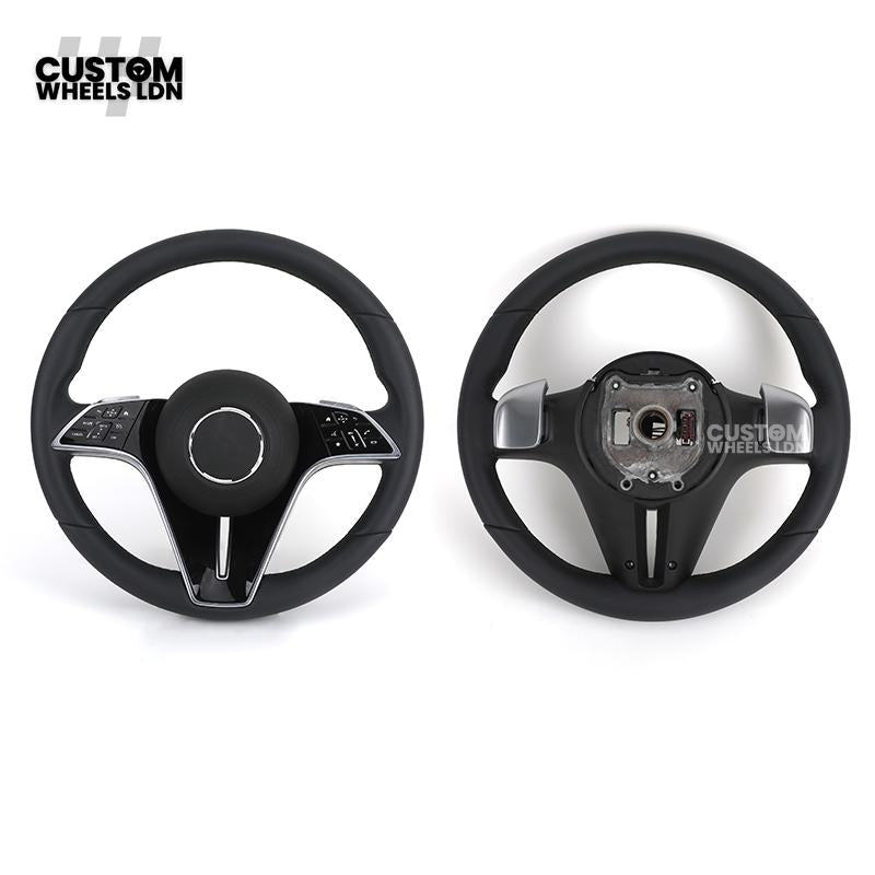 Mercedes Custom W223 Flat Bottom Steering Wheel – Smooth Black Leather, Gloss Black Trim, Touch Control Buttons | Fits S-Class W223, GLE, GLS, E-Class W213 Facelift + more | Plug & Play | With Airbag | Retrofit Upgrade for Older Models Available