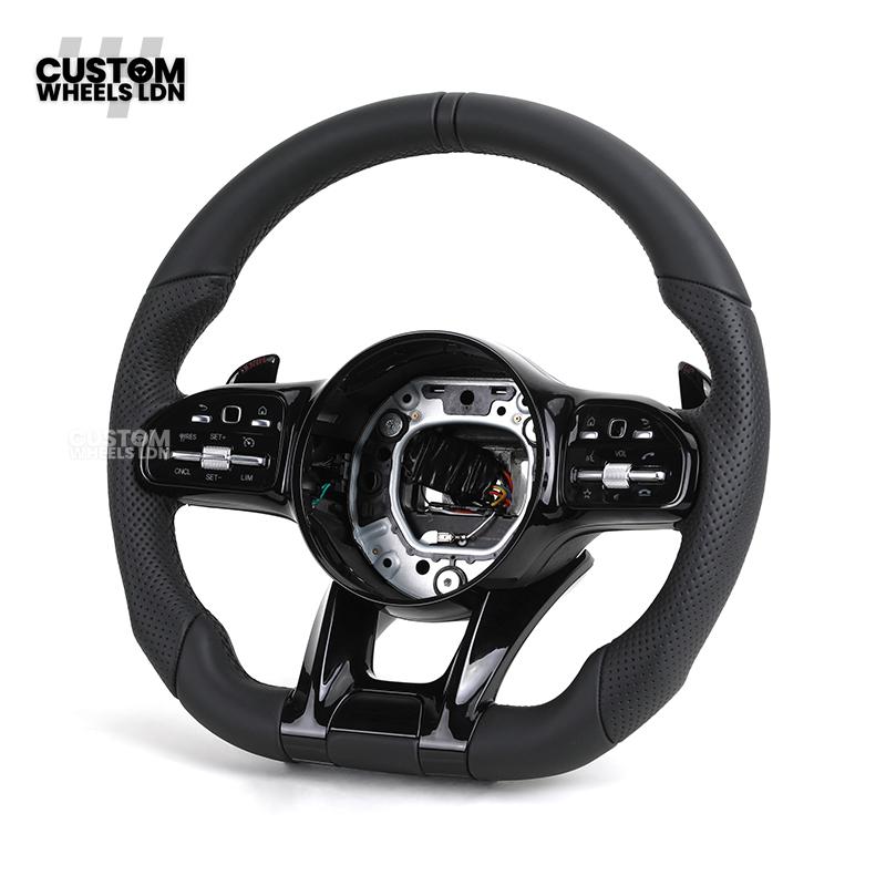 Mercedes Custom AMG Flat Bottom Steering Wheel – Black Leather, Smooth Top & Bottom, Piano Black Trim, Touch Control Buttons, AMG Badge | Fits C-Class, E-Class, CLS, GLC, GLE, G-Class + more | Plug & Play | Retrofit Upgrade for Older Models