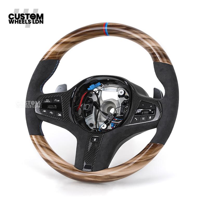 BMW Custom G-Series Steering Wheel – Gloss Wood Carbon, Flat Bottom, Alcantara Airbag – Fits G20 G21 G22 G30 G15 G05 G07 + more