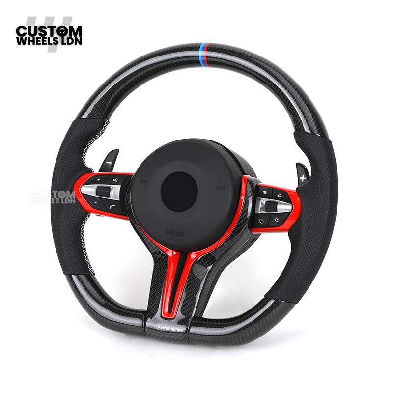 BMW Custom Carbon Fibre Steering Wheel – Red Trim | Perforated Leather | M Stripe | Plug & Play | Fits 1 Series F20, 2 Series F22, 3 Series F30, 4 Series F32, M2, M3, M4, X1 F48, X2 F39, Z4 G29 + more