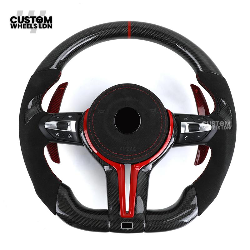 BMW Custom Carbon Fibre Steering Wheel – Red Trim & Paddles | Alcantara | M Performance Style | Plug & Play | Fits F20, F22, F30, F32, F36, M2, M3, M4, X1, X2 + more