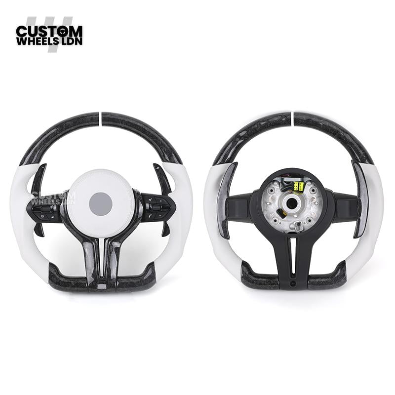BMW Forged Carbon & White Leather Steering Wheel | Paddle Shifters | M Badge | Flat Bottom | Fits 1 2 3 4 5 Series (F & E Series) + more | Complete Plug & Play