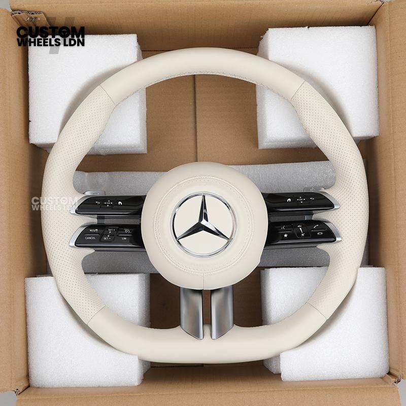 Mercedes Custom W223 Flat Bottom Steering Wheel – Beige Leather, Gloss Black Trim, Touch Control Buttons | Fits S-Class W223, GLE, GLS, E-Class W213 Facelift + more | Plug & Play | With Airbag | Retrofit Upgrade for Older Models Available