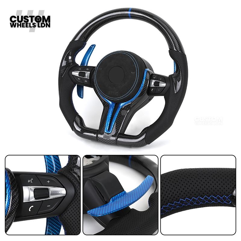 BMW Custom Carbon Fibre Steering Wheel – Blue Trim & Paddles | M Performance | Perforated Leather | Plug & Play | Fits F20, F22, F30, F32, F36, M2, M3, M4, X1, X2 + more