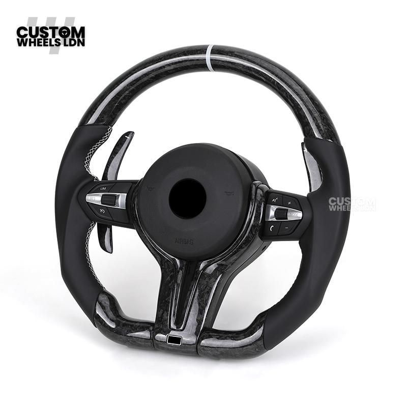 BMW Custom Forged Carbon Steering Wheel with Perforated Leather & White Racing Stripe | Plug & Play | Complete Wheel | Fits F20 F21 F22 F23 F30 F31 F32 F33 F36 F80 F87 E82 E88 E90 E92 E93 + More