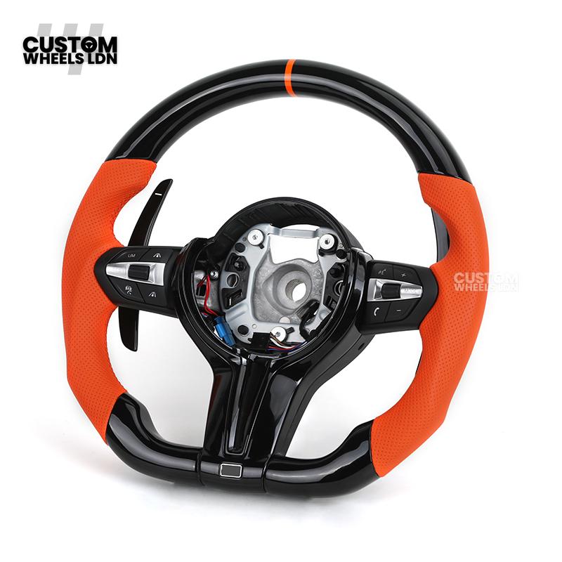BMW Custom F-Series Piano Black & Orange Steering Wheel – Perforated Grip | Fits F20 F22 F30 F32 F36 M2 M3 M4 + more