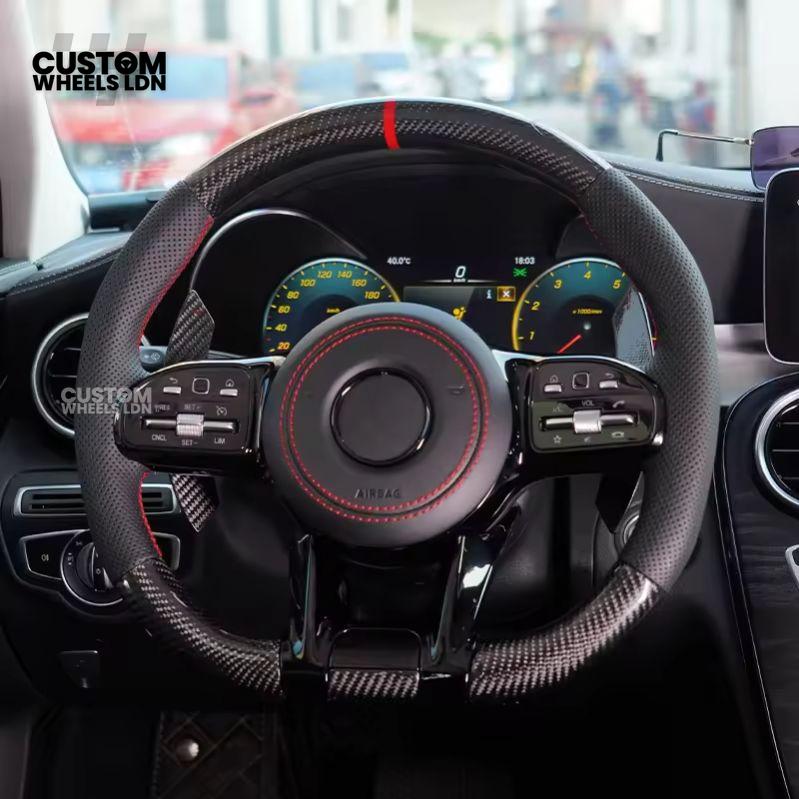 Mercedes Custom Steering Wheel | AMG Style Carbon with Red Stitching & Stripe | Black Trim + Red AMG Badge | Complete Retrofit for Older Models | Fits W205 W204 W212 W213 W218 W207 + more