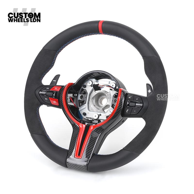 BMW Custom Flat Bottom Steering Wheel – Smooth Leather & Alcantara with Red Trim & Stripe | Fits F20 F22 F30 F32 F36 F10 F06 F13 X1 X3 X4 X5 X6 + More