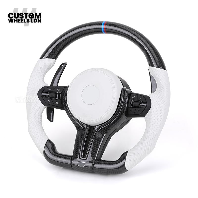 BMW Custom Carbon Fibre Steering Wheel – White Perforated Leather | M-Stripe Marker | Plug & Play | Fits older models