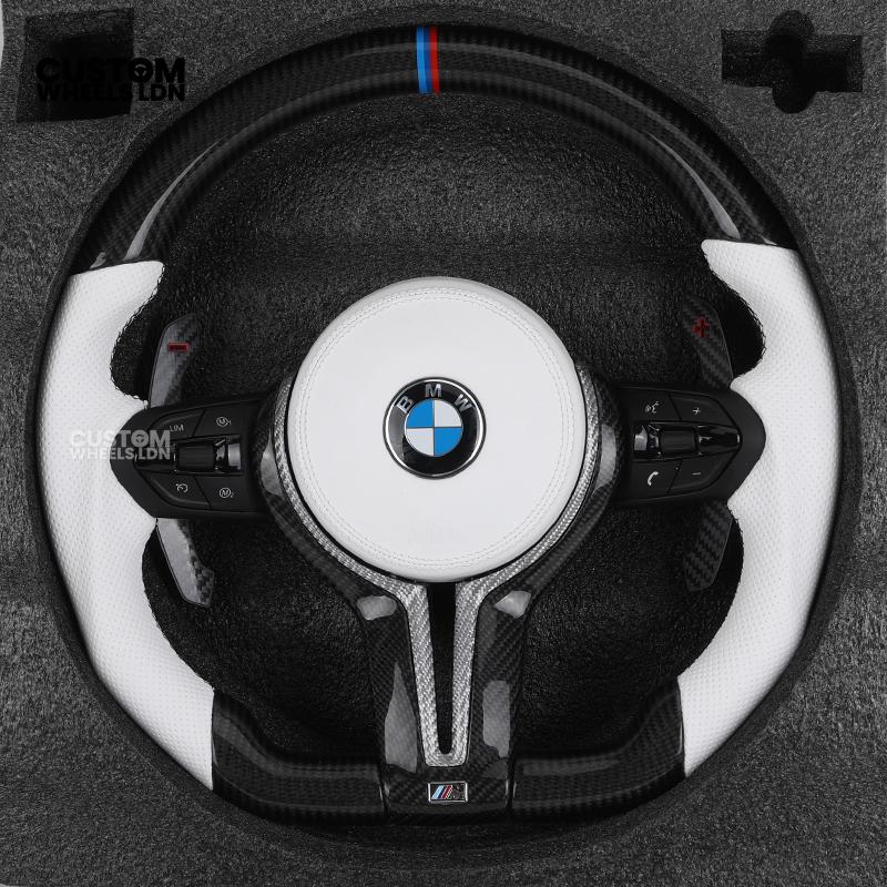 BMW Custom Carbon Fibre Steering Wheel – White Perforated Leather | M-Stripe Marker, Magnetic Paddle Shifter's | Plug & Play | Fits older models