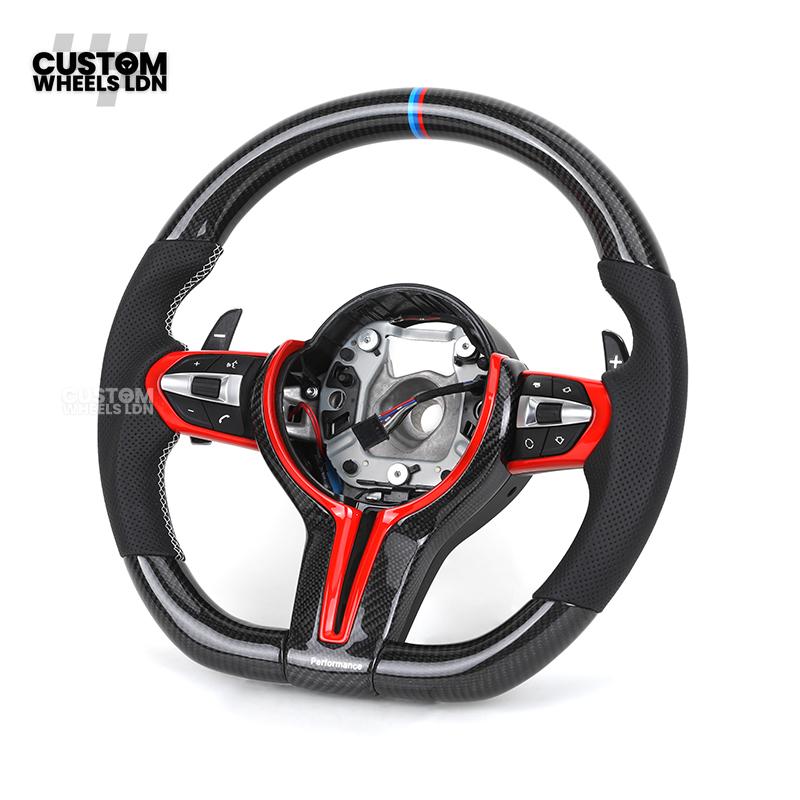BMW Custom Carbon Fibre Steering Wheel – Red Trim | Perforated Leather | M Stripe | Plug & Play | Fits 1 Series F20, 2 Series F22, 3 Series F30, 4 Series F32, M2, M3, M4, X1 F48, X2 F39, Z4 G29 + more