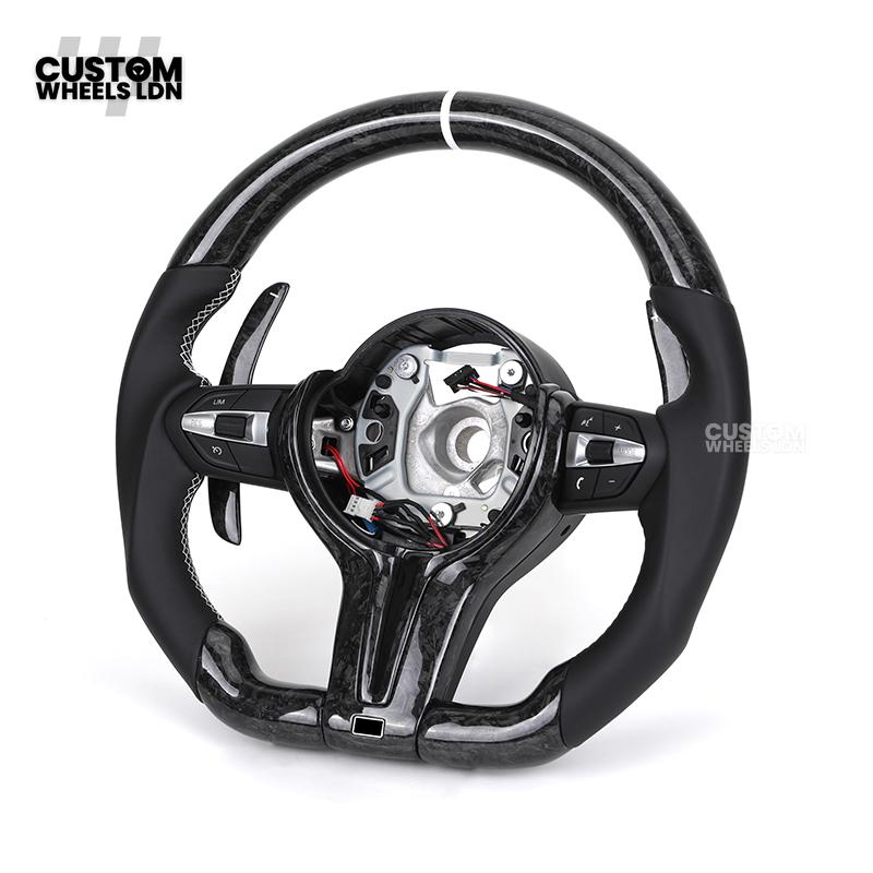 BMW Custom Forged Carbon Steering Wheel with Perforated Leather & White Racing Stripe | Plug & Play | Complete Wheel | Fits F20 F21 F22 F23 F30 F31 F32 F33 F36 F80 F87 E82 E88 E90 E92 E93 + More