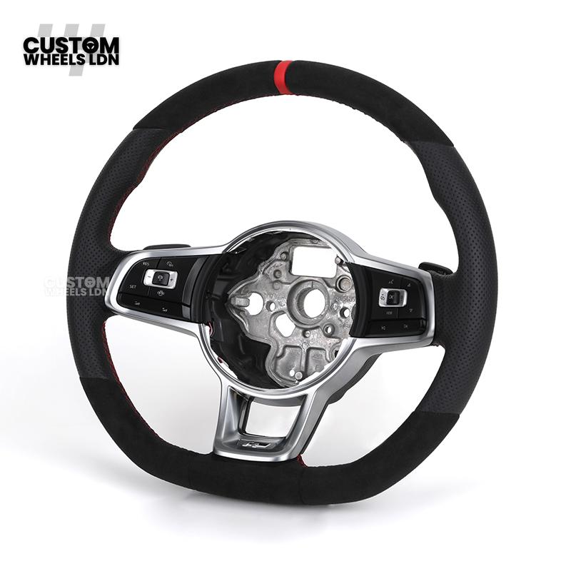 Volkswagen Custom Steering Wheel – Alcantara Top & Bottom, Perforated Leather Grips, Red Stripe, Flat Bottom, OEM Buttons | Fits Golf MK7/7.5, GTI, R, Polo + more | Plug & Play Upgrade