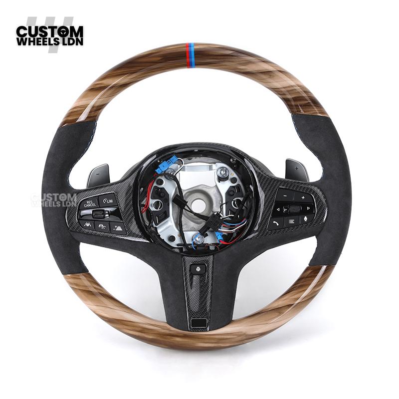 BMW Custom G-Series Steering Wheel – Gloss Wood Carbon, Flat Bottom, Alcantara Airbag – Fits G20 G21 G22 G30 G15 G05 G07 + more