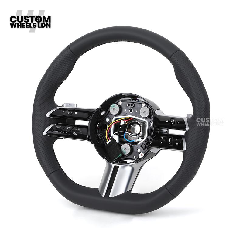 Mercedes Custom W223 Flat Bottom Steering Wheel – Black Leather, Tan Stitching, Silver Trim, Touch Control Buttons | Fits S-Class W223, GLE, GLS, E-Class W213 Facelift + more | Plug & Play | With Airbag | Retrofit Upgrade for Older Models Available