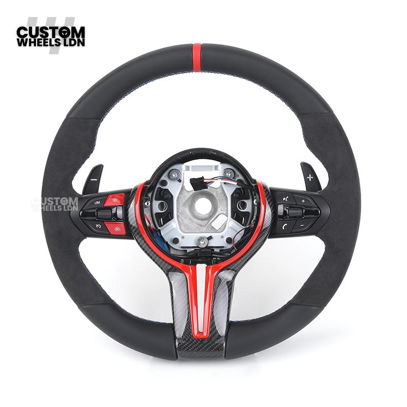BMW Custom Flat Bottom Steering Wheel – Smooth Leather & Alcantara with Red Trim & Stripe | Fits F20 F22 F30 F32 F36 F10 F06 F13 X1 X3 X4 X5 X6 + More