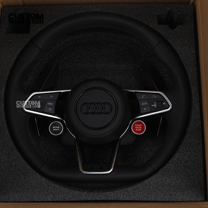 Audi Custom R8-Style Flat Bottom Steering Wheel – Black Leather, Gloss Black Paddles, Start Button, Retrofit Wiring Kit Included | Fits A4, A5, S5, A6, A7, Q5, SQ5 + more | Plug & Play | With Airbag | Upgrade for Older Models Available