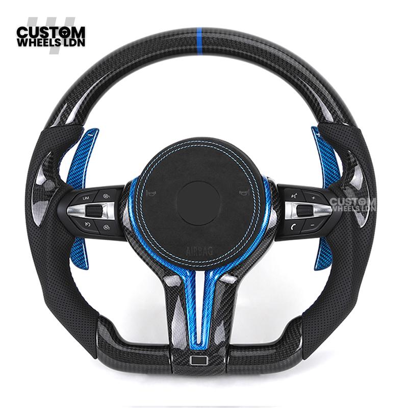 BMW Custom Carbon Fibre Steering Wheel – Blue Trim & Paddles | M Performance | Perforated Leather | Plug & Play | Fits F20, F22, F30, F32, F36, M2, M3, M4, X1, X2 + more