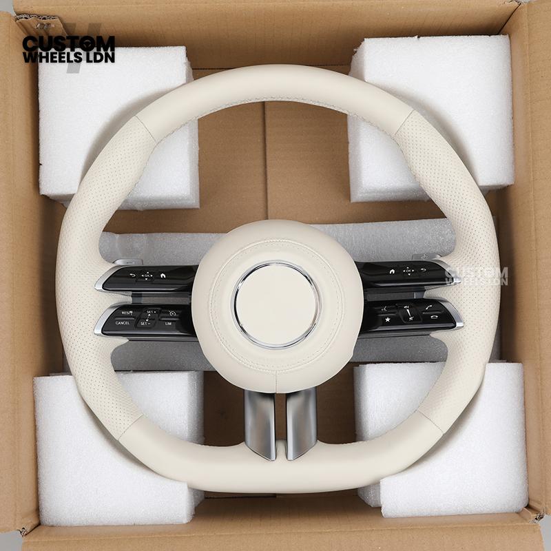 Mercedes Custom W223 Flat Bottom Steering Wheel – Beige Leather, Gloss Black Trim, Touch Control Buttons | Fits S-Class W223, GLE, GLS, E-Class W213 Facelift + more | Plug & Play | With Airbag | Retrofit Upgrade for Older Models Available