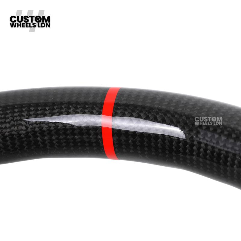 Toyota Custom GR Steering Wheel – Carbon Fiber, Flat Bottom, Red Center Stripe, Perforated Grips | Fits Yaris GR, Corolla GR + More | Plug & Play | Sporty Upgrade with Paddle Cutouts | Track-Inspired Retrofit