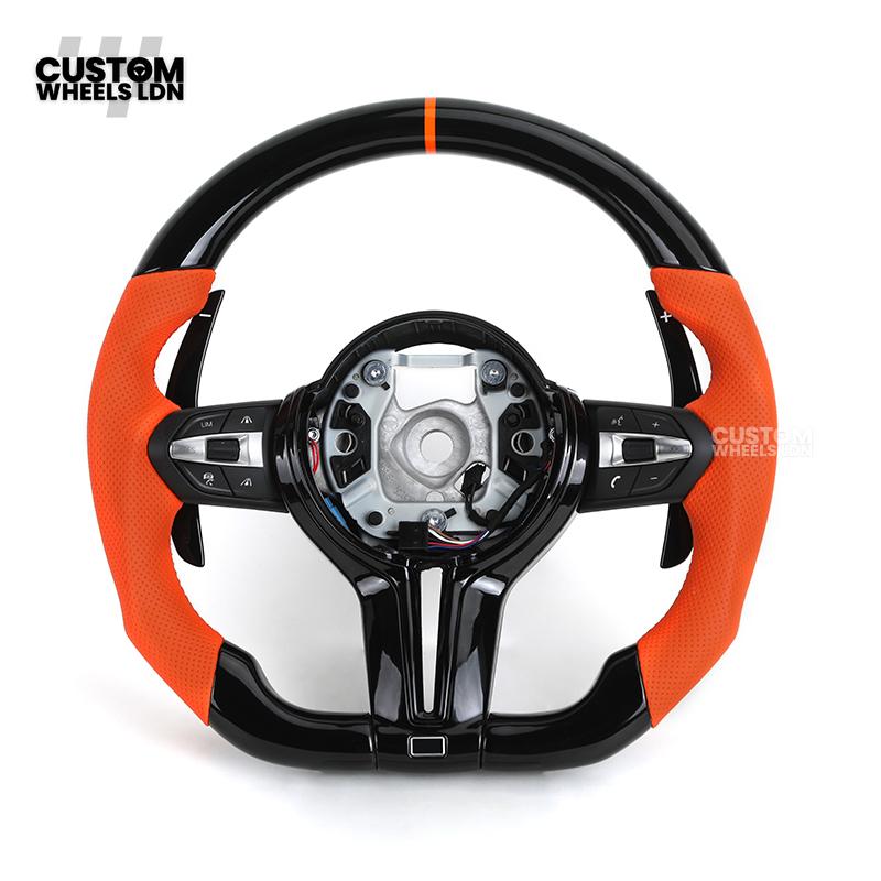 BMW Custom F-Series Piano Black & Orange Steering Wheel – Perforated Grip | Fits F20 F22 F30 F32 F36 M2 M3 M4 + more
