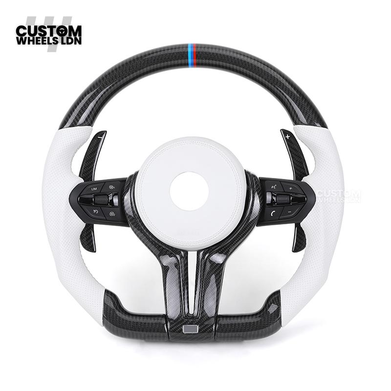 BMW Custom Carbon Fibre Steering Wheel – White Perforated Leather | M-Stripe Marker | Plug & Play | Fits older models