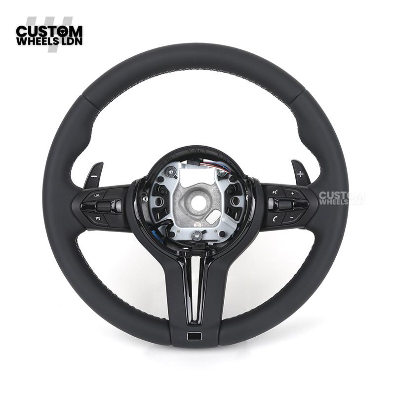 BMW Custom Steering Wheel – Smooth Black Leather with M Badge, M Stitching & Gloss Black Trim | Fits F20 F21 F22 F30 F31 F32 F36 F10 F11 F06 F12 F13 X1 X3 X4 X5 X6 + More