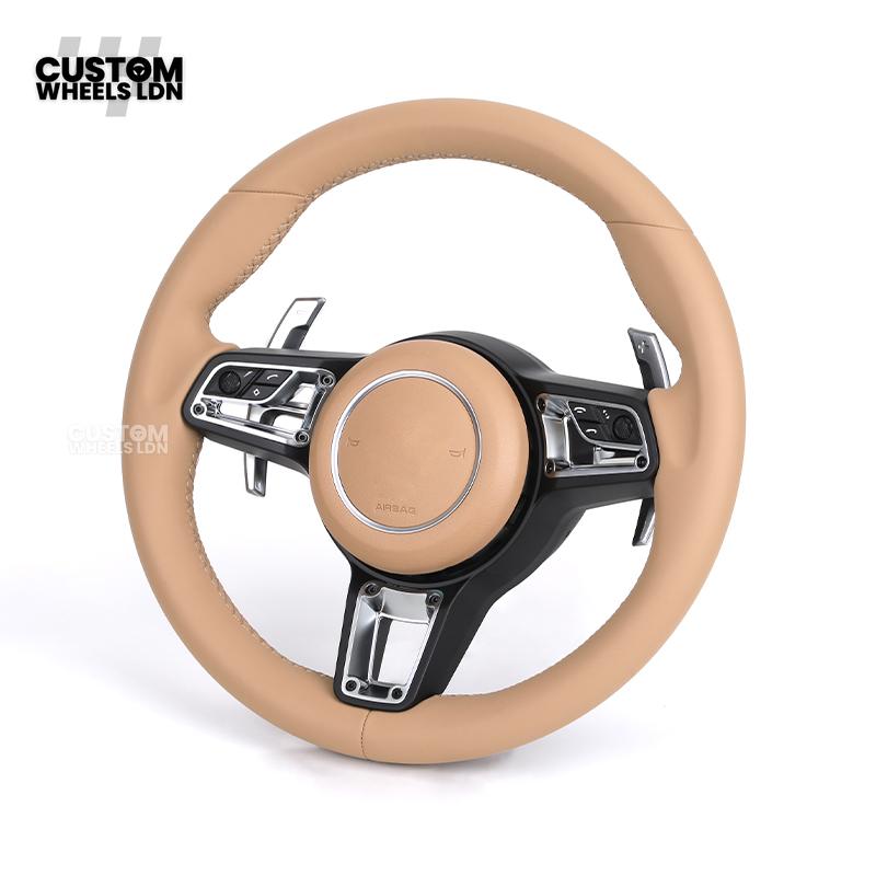 Porsche Custom Steering Wheel – Beige Leather with Chrome Trim | Fits 997, 991, Panamera, Cayenne (2000+ Plug & Play)