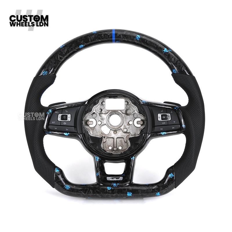 Volkswagen MK7 Custom Steering Wheel – Blue Forged Carbon with Blue Stitching & Stripe, Perforated Leather Grips | Fits Golf GTI, R, Scirocco + more | Plug & Play