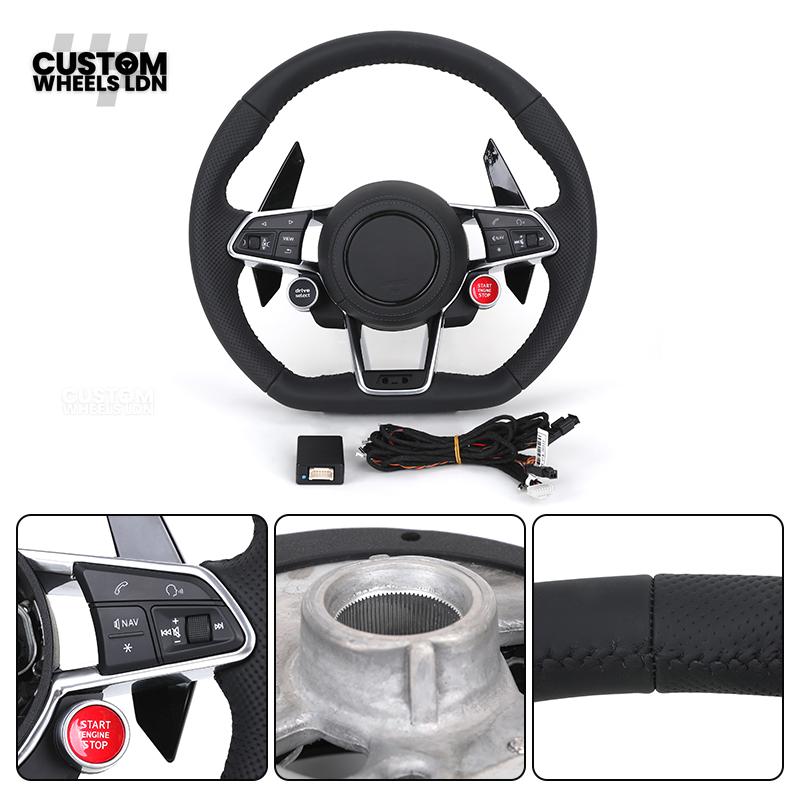 Audi Custom R8-Style Flat Bottom Steering Wheel – Black Leather, Gloss Black Paddles, Start Button, Retrofit Wiring Kit Included | Fits A4, A5, S5, A6, A7, Q5, SQ5 + more | Plug & Play | With Airbag | Upgrade for Older Models Available