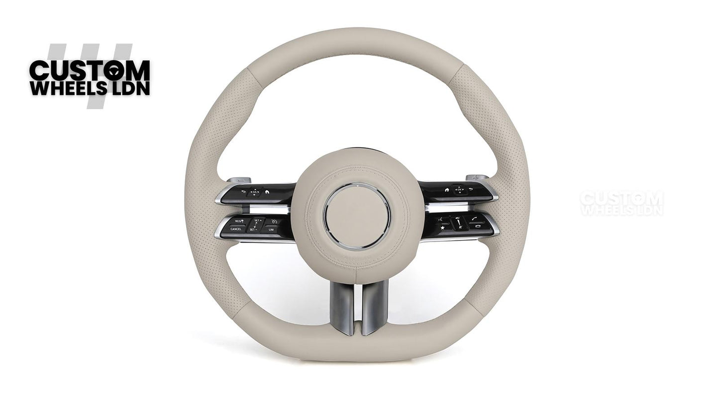 Mercedes Custom W223 Flat Bottom Steering Wheel – Beige Leather, Gloss Black Trim, Touch Control Buttons | Fits S-Class W223, GLE, GLS, E-Class W213 Facelift + more | Plug & Play | With Airbag | Retrofit Upgrade for Older Models Available